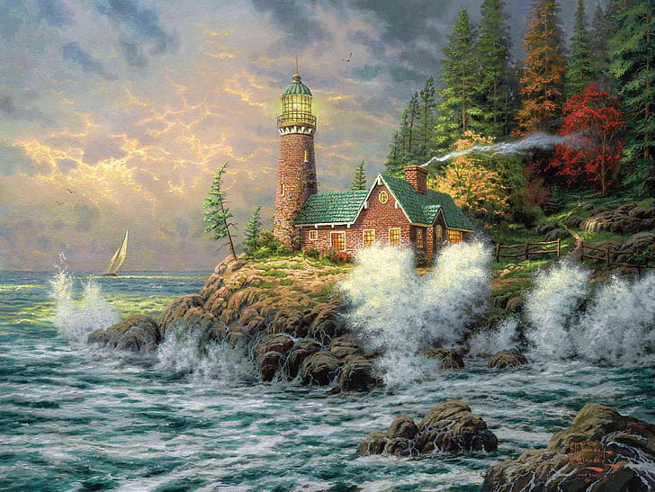 море, маяк, картина, живопись, томас кинкейд, HD обои