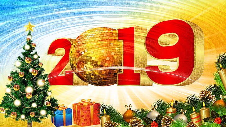 2019, new year, christmas tree, graphics, disco ball, party, new year party, new years eve, new year eve, HD wallpaper
