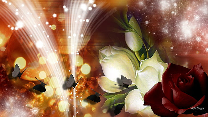 Enigma, stars, bekeh, flowers, spring, sparkles, magnolia, summer, rose, glow, butterflies, 3d and abstract, HD wallpaper