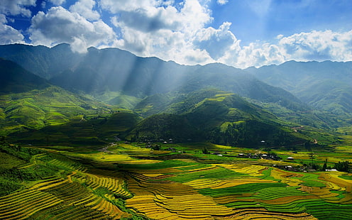 luz solar, paisagem, vietnã, terraço arroz, montanhas, HD papel de parede HD wallpaper