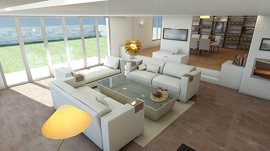 kanapa, półki, aranżacja wnętrz, okno, nawierzchnia drewniana, lampa, Tapety HD HD wallpaper