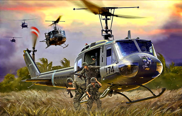 M16, helikopter, amerikanska armén, landning, M60, UH-1D, soldater, Vietnamkriget, HD tapet