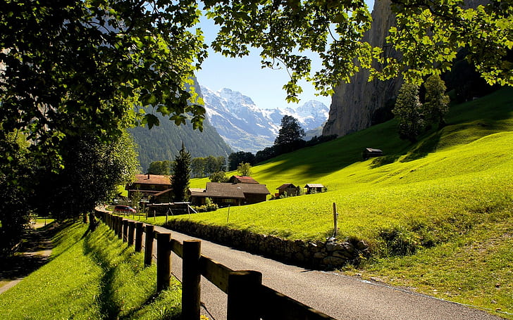 Suíça, Lauterbrunnen, Jungfrau, cidade, montanhas, Alpes, Suíça, Lauterbrunnen, Jungfrau, cidade, montanhas, Alpes, HD papel de parede
