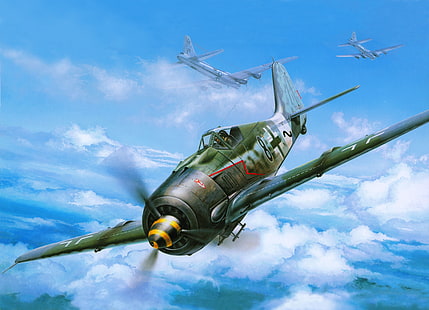 зеленые обои самолета, небо, облака, война, атака, истребитель, бомбардировщики, самолеты, B-17, немец, фокке-вульф, американец, тяжелый, четырехмоторный, 190А, HD обои HD wallpaper