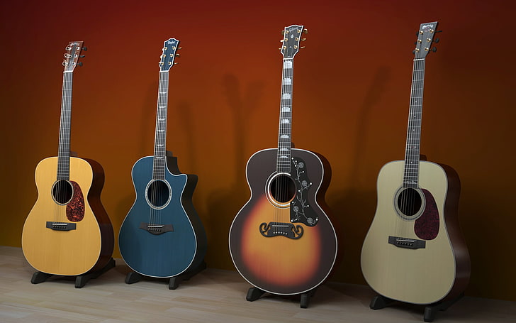 four several-color classical guitars, music, guitar, instrumento, HD wallpaper