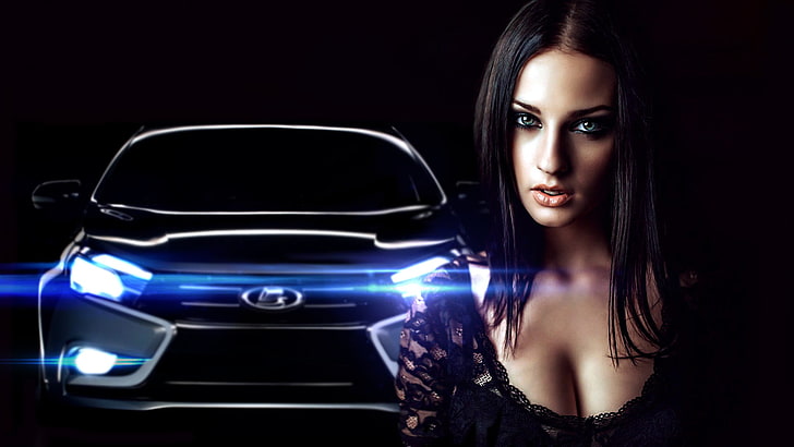 black Hyundai car, Alla Berger, LADA, Vesta, optical flares, HD wallpaper