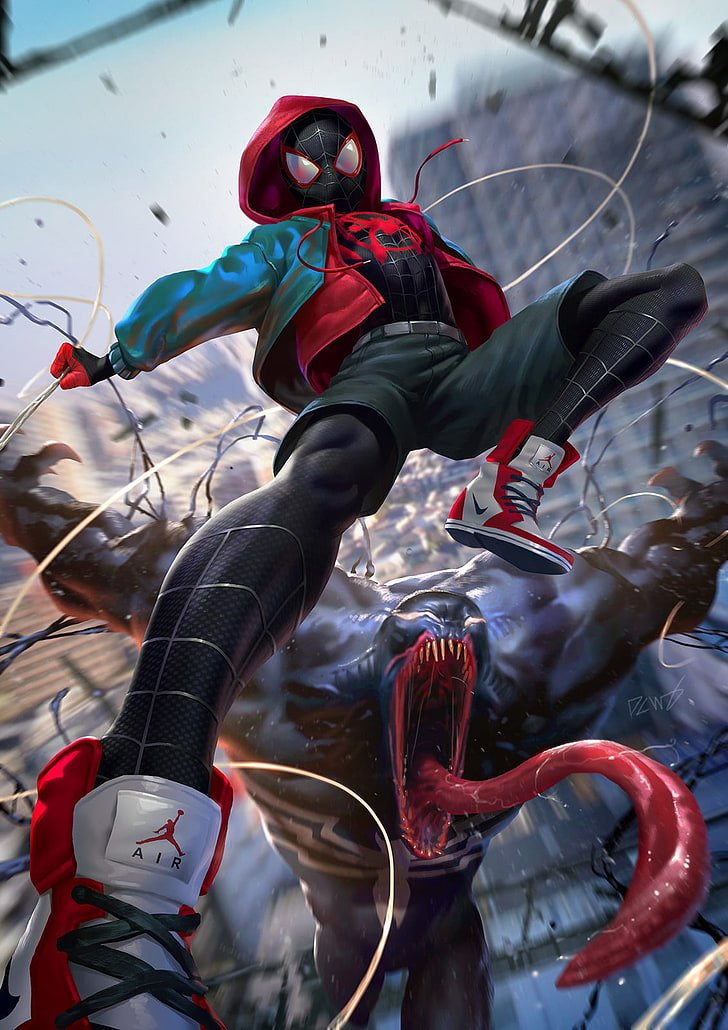 Poster di Venom, arte digitale, Venom, Miles Morales, Spider-Man, Nike, Derrick Chew, Sfondo HD, sfondo telefono