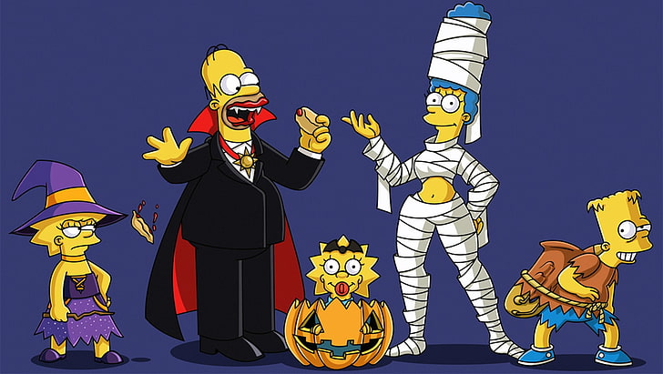The Simpsons, Bart Simpson, Costume, Halloween, Holiday, Homer Simpson, Jack-o'-lantern, Lisa Simpson, Maggie Simpson, Marge Simpson, HD tapet