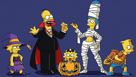 The Simpsons, Bart Simpson, Costume, Halloween, Holiday, Homer Simpson, Jack-o'-lantern, Lisa Simpson, Maggie Simpson, Marge Simpson, HD wallpaper HD wallpaper