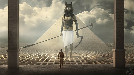 삽화, 판타지 아트, 삽화, 이집트, DOFRESH, 피라미드, 전사, 아누비스, HD 배경 화면 HD wallpaper