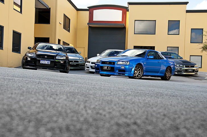 five assorted-color vehicles, white, blue, black, silver, Nissan, skyline, gt-r, front, r34, gtr, HD wallpaper
