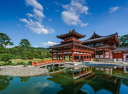 연못, 반사, 일본, 사원, 우지, 간사이, 뵤도인, HD 배경 화면 HD wallpaper