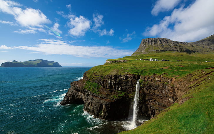 Danimarka Krallığı, Faroe Adaları, köy, dağlar, şelaleler, gökyüzü, deniz, mavi, denize yakın şelaleler, İngiltere, Danimarka, Faroe Adaları, köy, dağlar, şelaleler, gökyüzü, deniz, mavi, HD masaüstü duvar kağıdı