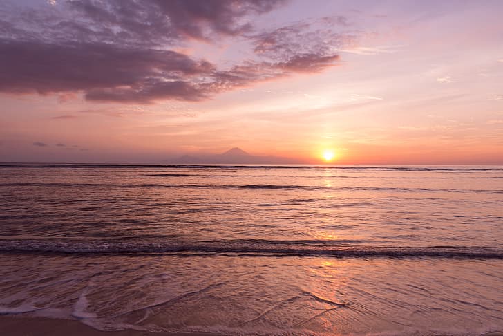 sea, wave, beach, summer, the sky, sunset, shore, sky, pink, seascape, beautiful, sand, purple, HD wallpaper
