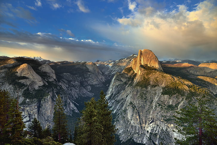 mountains under white clouded blue sky at daytime, yosemite national park, yosemite national park, Blue Skies, Beautiful, Clouds Above, Half Dome, Yosemite National Park, white, clouded, blue sky, daytime, Nikon D800E, Day 4, Trip, Paso Robles, NE, Glacier Point, Capture, NX2, Edited, Color, Pro, Sunset, Time, Light, Trees, Hillside, Clouds, Outside, Mountains, Distance, Evergreens, Nature, Landscape, Pacific Ranges, Sierra Nevada, Central, Yosemite Valley, Grizzly Peak, Tenaya Canyon, Clouds Rest, Mount Watkins, Basket Dome, North Dome, Washington, Column, Royal Arches, Sunlight, Shining on, Snow, Far, Mountain Peaks, California, United States, mountain, rock - Object, scenics, outdoors, mountain Peak, HD wallpaper