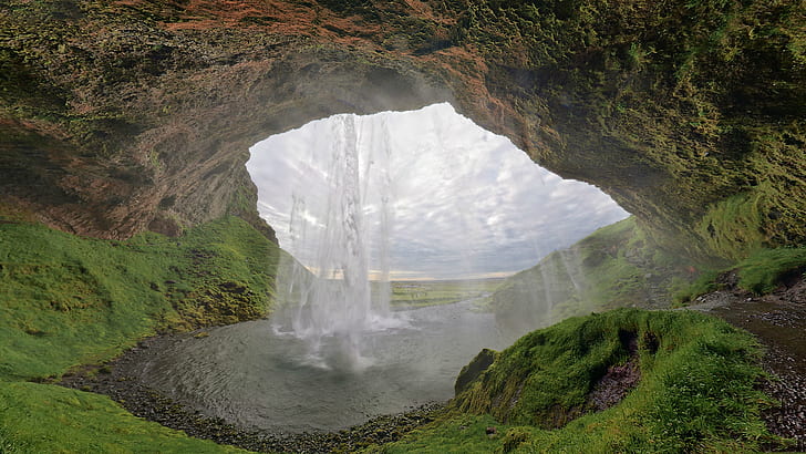 wodospad, jaskinia, Islandia, Seljalandsfoss, Tapety HD