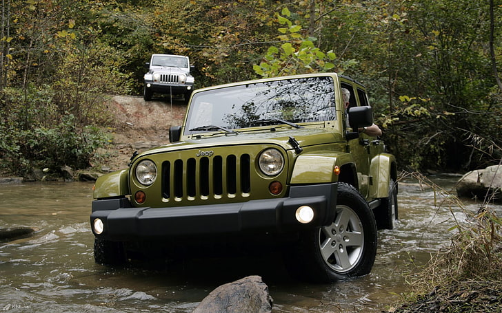 zielony Jeep Wrangler, Jeep, samochód, pojazd, przyroda, woda, Tapety HD