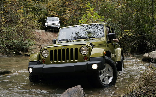 สีเขียว Jeep Wrangler, รถจี๊ป, รถยนต์, ยานพาหนะ, ธรรมชาติ, น้ำ, วอลล์เปเปอร์ HD HD wallpaper
