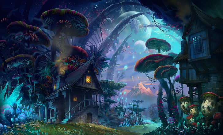 бордовый и серый гриб, иллюстрация, лес, небо, свет, дом, луна, грибы, гриб, планета, фэнтези, фантастика, HD обои