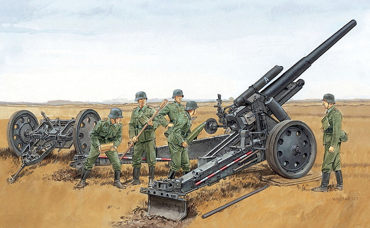five soldiers beside cannon illustration, war, figure, art, position, equipment, WW2, howitzer, German, heavy, field, the gunners, sFH 18, 150 mm, OBR. 1930, HD wallpaper