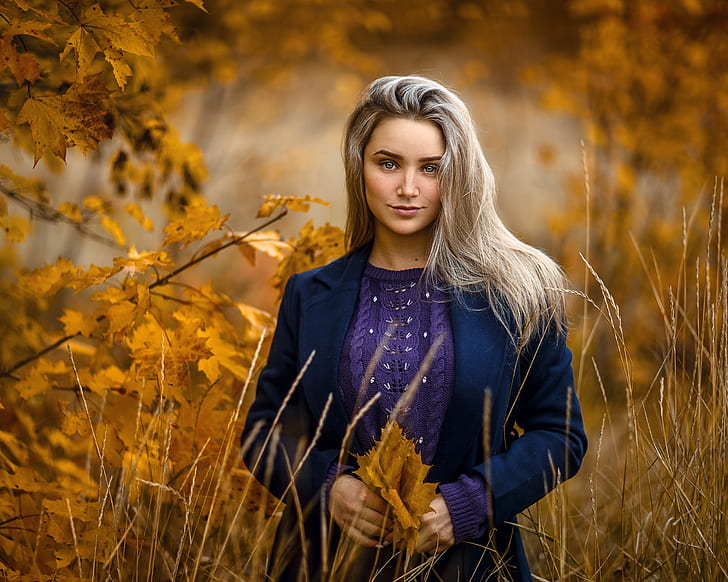 Sergey Sorokin, women, model, blonde, portrait, looking at viewer, outdoors, forest, leaves, branch, fall, bokeh, depth of field, sweater, women outdoors, blue coat, coats, HD wallpaper
