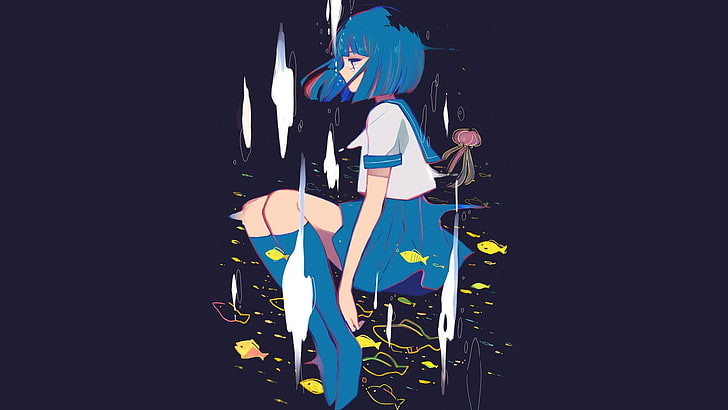 anime, manga, anime girls, dark blue, fish, blue hair, sailor uniform, simple background, HD wallpaper