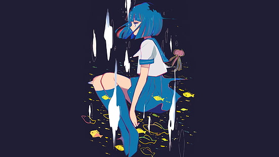 anime, manga, chicas anime, azul oscuro, pescado, cabello azul, uniforme de marinero, fondo simple, Fondo de pantalla HD HD wallpaper