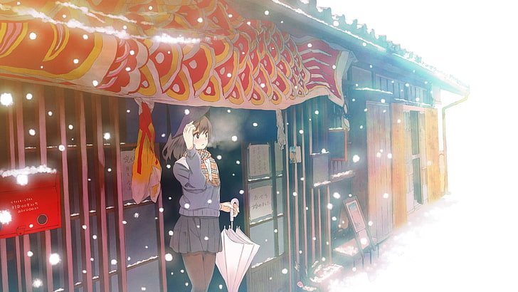 anime girl, snow, umbrella, winter, scarf, Anime, HD wallpaper