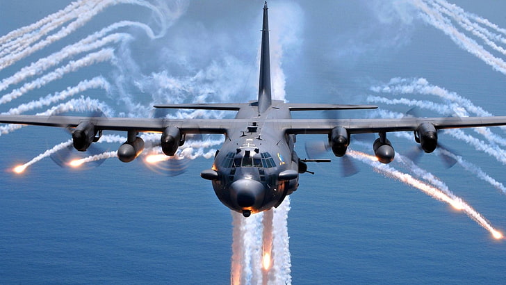 Schwarz-Weiß-Tischlampe, Flugzeug, AC-130, HD-Hintergrundbild
