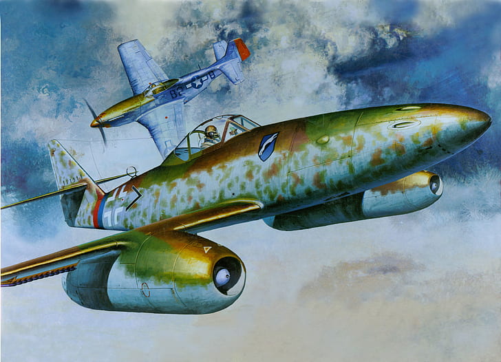 Messerschmidt, Kunstwerk, Militärflugzeug, ME-262, Flugzeug, nordamerikanischer P-51 Mustang, HD-Hintergrundbild