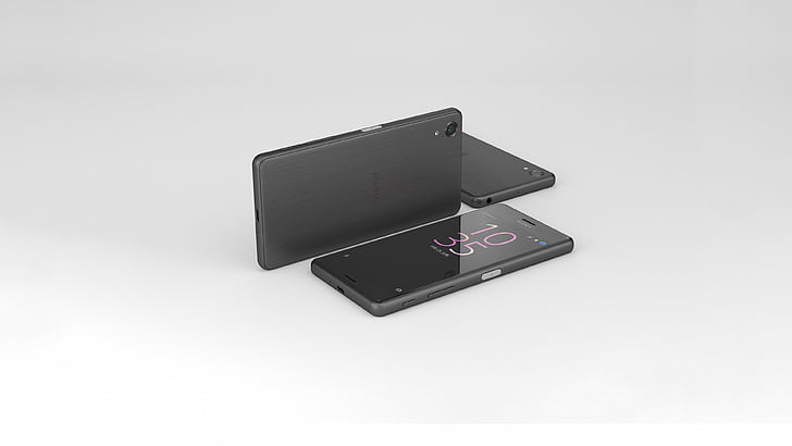 Tres teléfonos inteligentes Android negros sobre superficie blanca, Sony Xperia X Performance, mwc 2016, Mejores teléfonos inteligentes 2016, revisión, Fondo de pantalla HD