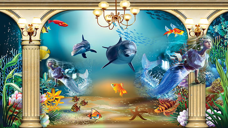 unterwasserwelt, delphin, mystisch, traumland, 8 k uhd, bunt, seemänner, seemännerin, meerjungfrauen, nymphen, kunst, nymphe, unterwasser, grafiken, illustration, fiktionale figur, mythische kreatur, unterwasser stadt, meerjungfrau, mythologie, HD-Hintergrundbild