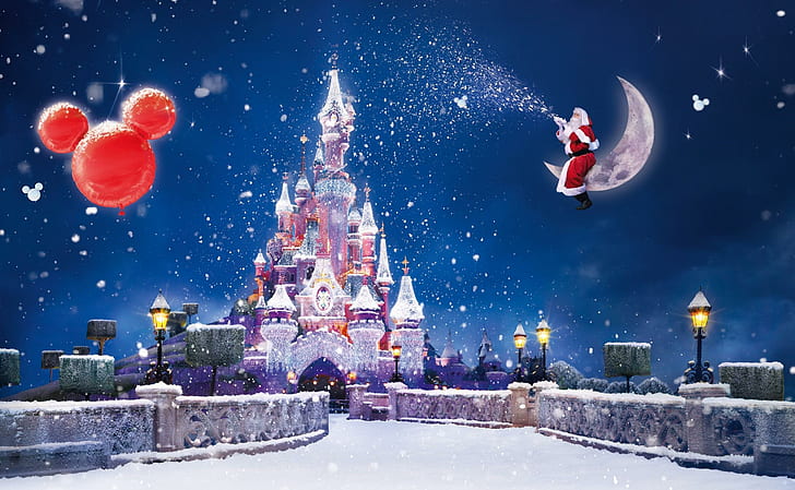 サンタクロース、魔法、月、雪、城、風船、休日、クリスマス、ディズニーランドの城の図、サンタクロース、魔法、月、雪、城、風船、休日、クリスマス、 HDデスクトップの壁紙