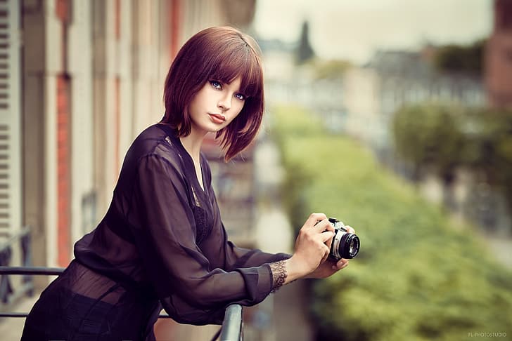 city, girl, photo, photographer, blue eyes, camera, short hair, model, lips, face, brunette, urban, shirt, portrait, mouth, looking at camera, depth of field, looking at viewer, Lods Franck, Marie Grippon, HD wallpaper