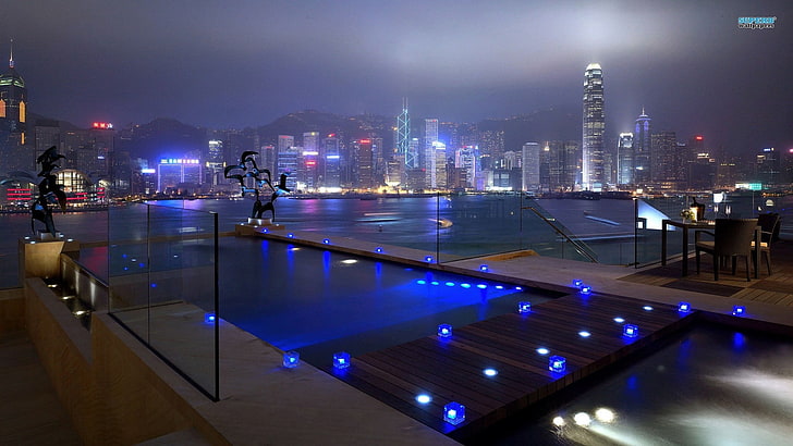 brown wooden bridge, city, night, lights, architecture, Hong Kong, cityscape, long exposure, swimming pool, skyscraper, building, hills, water, HD wallpaper
