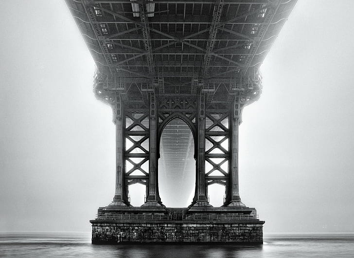 bottom view of bridge in grayscale shot, Undies, bottom, view, grayscale, shot, Architecture, BandW, Bridge, Brooklyn, City, Cityscape, Commons, D750, Fog, Long Exposure, Manhattan, Monochrome, New York, Nikon, Outdoor, Seascape, Tamron, Travel, United States, black And White, famous Place, sea, HD wallpaper