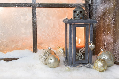 black candle lantern, winter, balls, light, snow, toys, candle, New Year, window, Christmas, flashlight, lantern, white, holidays, HD wallpaper HD wallpaper