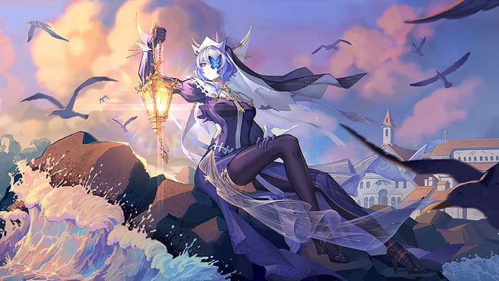 Arknights, looking away, Whisperain (Arknights), sea, looking sideways, animals, sunset, women outdoors, depth of field, purple hair, purple eyes, architecture, closed mouth, seagulls, Zangfang, long sleeves, Blue Butterflies, waves, blue dress, blue gloves, sitting, black thigh-highs, lantern, blurry background, one eye obstructed, birds, rocks, sky, clouds, anime girls, high heels, one arm up, evening, water, butterfly, HD wallpaper
