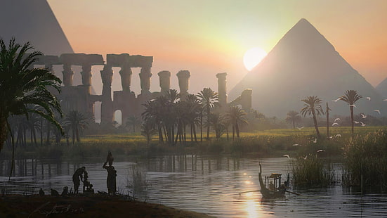Иллюстрация пирамиды и озера, видеоигры, пейзаж, Египет, пирамида, река, произведение искусства, цифровое искусство, Assassin's Creed, Assassin's Creed: Origins, HD обои HD wallpaper