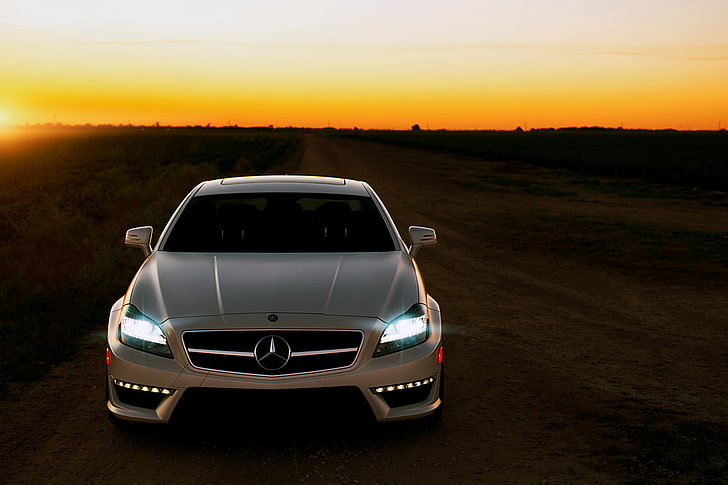 mobil Mercedes-Benz abu-abu, jalan, matahari terbenam, Mercedes, CLS63, Wallpaper HD