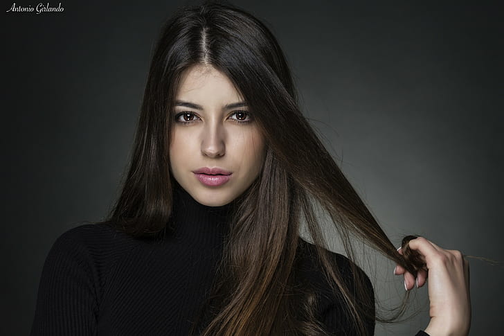 Chiara Ferrara, Antonio Girlando, model, women, lips, looking at viewer, brunette, face, dark hair, simple background, HD wallpaper