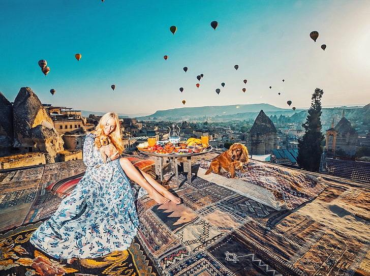 Kapadocja, przyroda, Turcja, kobiety, balony na ogrzane powietrze, Tapety HD