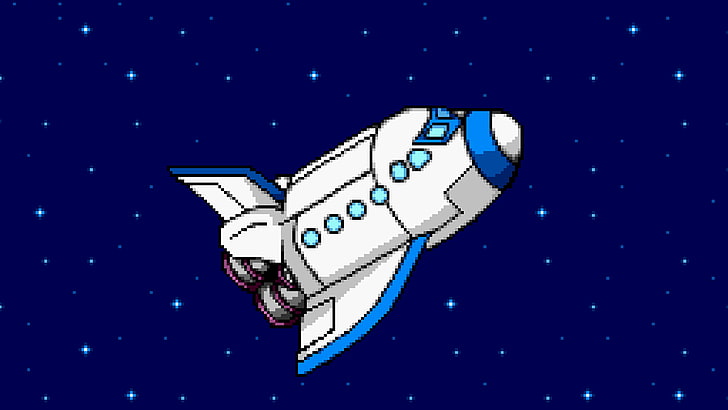 ilustrasi pesawat ulang-alik putih dan biru, seni digital, minimalis, piksel, seni piksel, alam semesta, ruang, bintang, pesawat ruang angkasa, roket, latar belakang biru, bomberman, Wallpaper HD