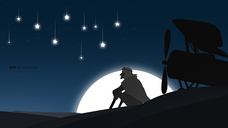 illustrazione adobe illustratore photoshop film il piccolo principe paesaggio chiaro di luna stelle aereo sahara, Sfondo HD