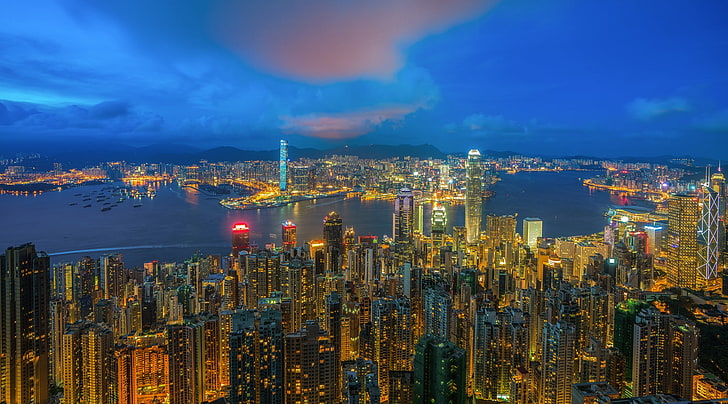 morze, krajobraz, miasto, lampki nocne, Hongkong, Chiny, miasto nocą, Tapety HD