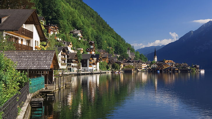 riverside town, Nature, Home, Mountains, The city, Lake, River, Austria, Hallstat, Hills, Landscape, Forest, The Salzkammergut, Hallstatt, HD wallpaper