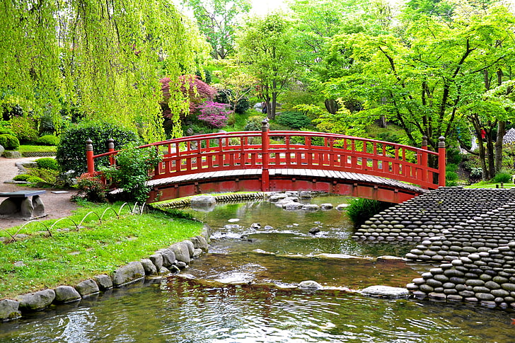 red concrete bridge, greens, grass, trees, bridge, pond, stones, France, garden, the bushes, Albert-Kahn Japanese gardens, HD wallpaper