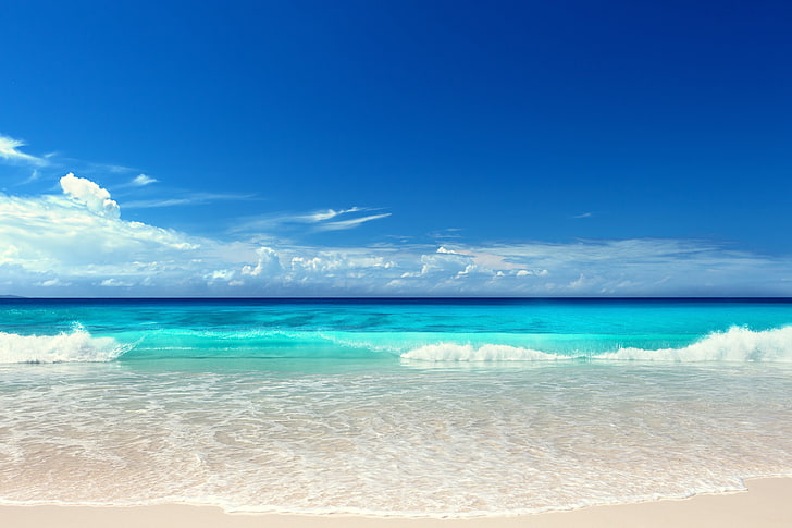 pobrzeże, morze, plaża, lato, słońce, ocean, słońce, ocean, błękit, pejzaż morski, Tapety HD