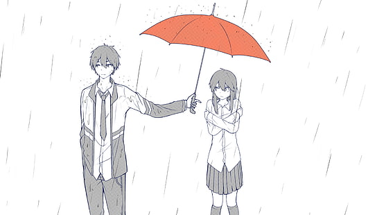 Anime, oryginał, chłopiec, dziewczyna, deszcz, mundurek szkolny, parasol, Tapety HD HD wallpaper