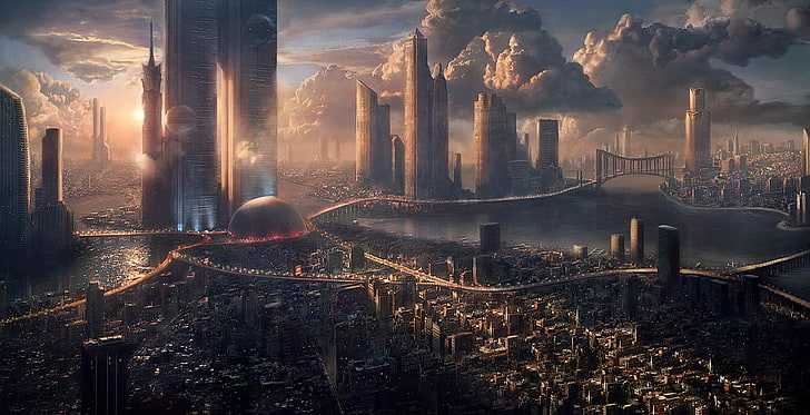 ilustrasi permainan, futuristik, fiksi ilmiah, pencakar langit, cityscape, seni fantasi, seni digital, kota futuristik, Wallpaper HD